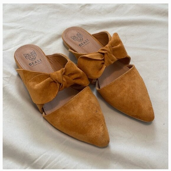 Tan Suede Bow Detail Mules Sandals Tan Brown 7 - Picture 1 of 3